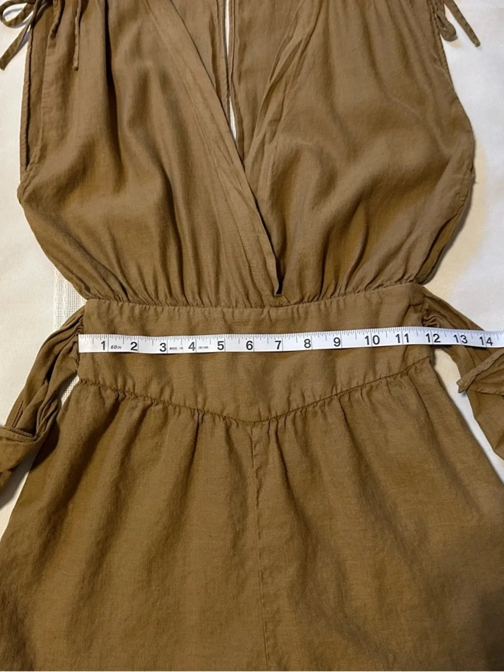 Zara Linen and Cotton Olive-Green Surplice Romper with Smocked Waist Size XS